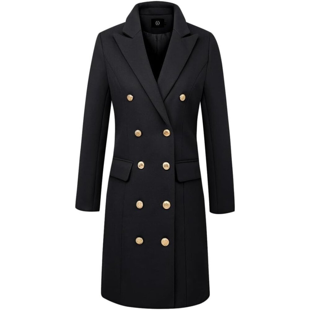 Womens Black Fall Winter Wool Coats Double Breasted Midi Peacoat Trench Coats - Picture 3 of 4